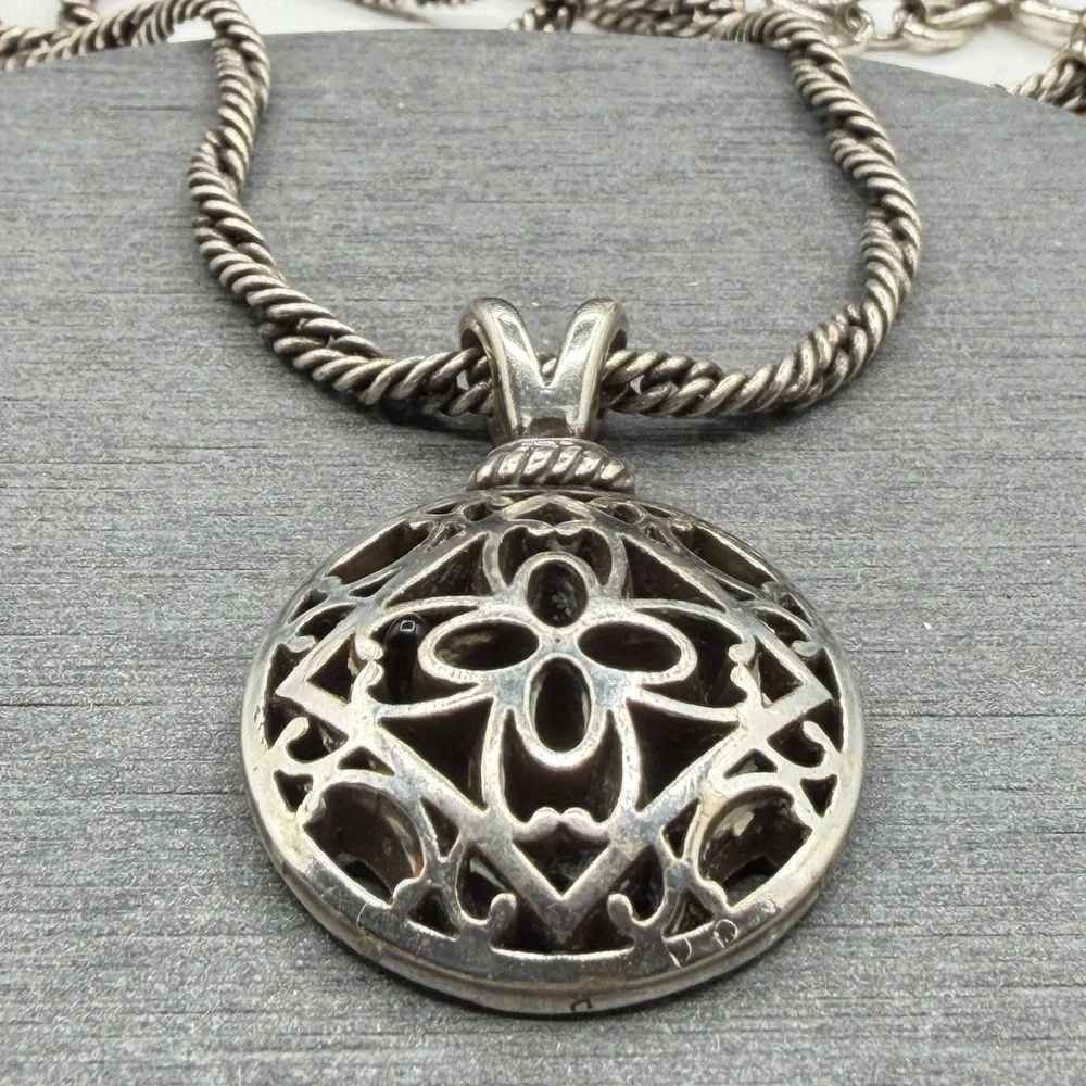 Silver Tone Openwork Floral Medallion Pendant Rope Chain Boho Statement Necklace